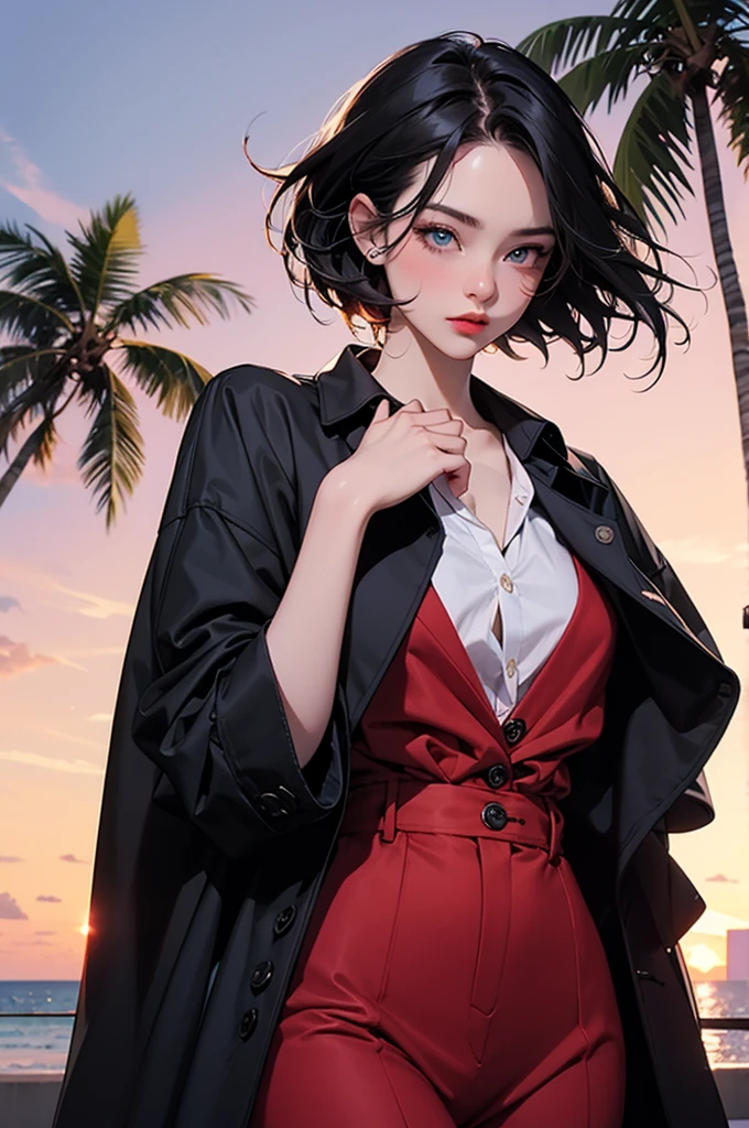 retro girl, short black hair, covering eyes, heterochromia eyes, pale skin, serious, black trench coat top, red dress shirt (buttons undone), stright dress pants, Miami, sunset, palm tree, windy,