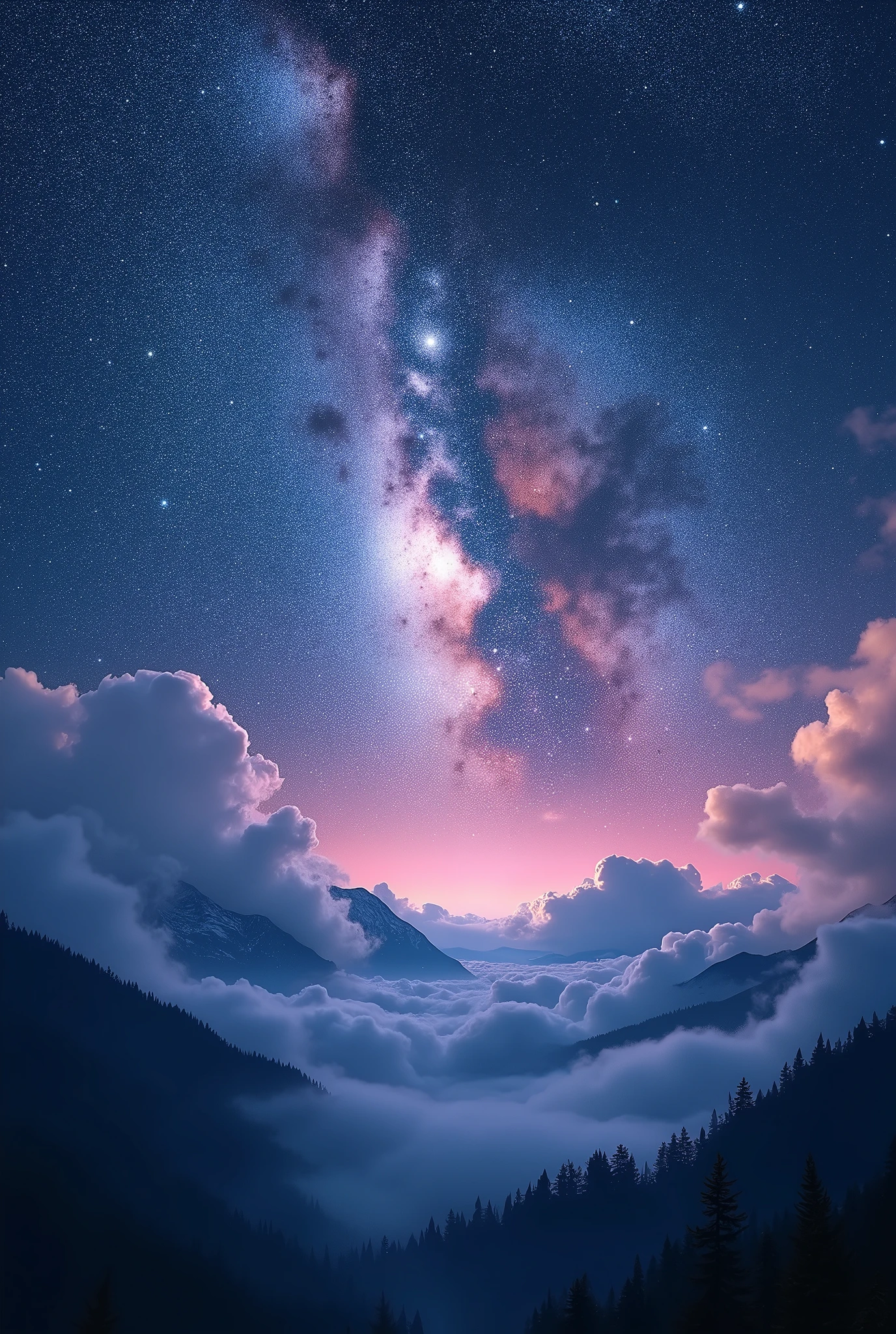 Masterpiece, Best Quality, Ultra-High Definition, Hyper Detailed, Cinematic, Fine Texture, Sky: A breathtakingly beautiful starry sky, filled with countless stars that twinkle and shimmer with ethereal light. The stars are bright and vivid, creating a tapestry of light that stretches across the vastness of space, BREAK, Colors: Deep blues, purples, and soft pinks blend seamlessly together, creating a dreamy and surreal atmosphere. The colors transition smoothly, with subtle gradients that add depth and dimension to the scene, BREAK, Milky Way: The Milky Way is prominently visible, its glowing, nebulous form cutting through the night sky like a river of light, adding a sense of wonder and grandeur to the scene, BREAK, Wispy clouds drift gently across the sky, partially obscuring the stars and adding an element of mystery and tranquility. The clouds are tinged with soft, glowing hues from the starlight, enhancing the dreamlike quality of the image, BREAK, meteor, Foreground: Silhouettes of tall mountains or serene landscapes below, their outlines softly illuminated by the starlight. The landscape adds a sense of scale and majesty, making the viewer feel as though they are standing at the edge of the world, gazing up into the infinite cosmos, BREAK, Light and Atmosphere: The atmosphere is calm and serene, with a gentle glow that bathes the entire scene in soft, ambient light. The light from the stars reflects off the landscape, creating a subtle, magical shimmer that enhances the ethereal quality of the scene, BREAK, Mood and Tone: Majestic, Awe-inspiring, Tranquil, Dreamlike, with a sense of infinity and the boundless beauty of the universe.