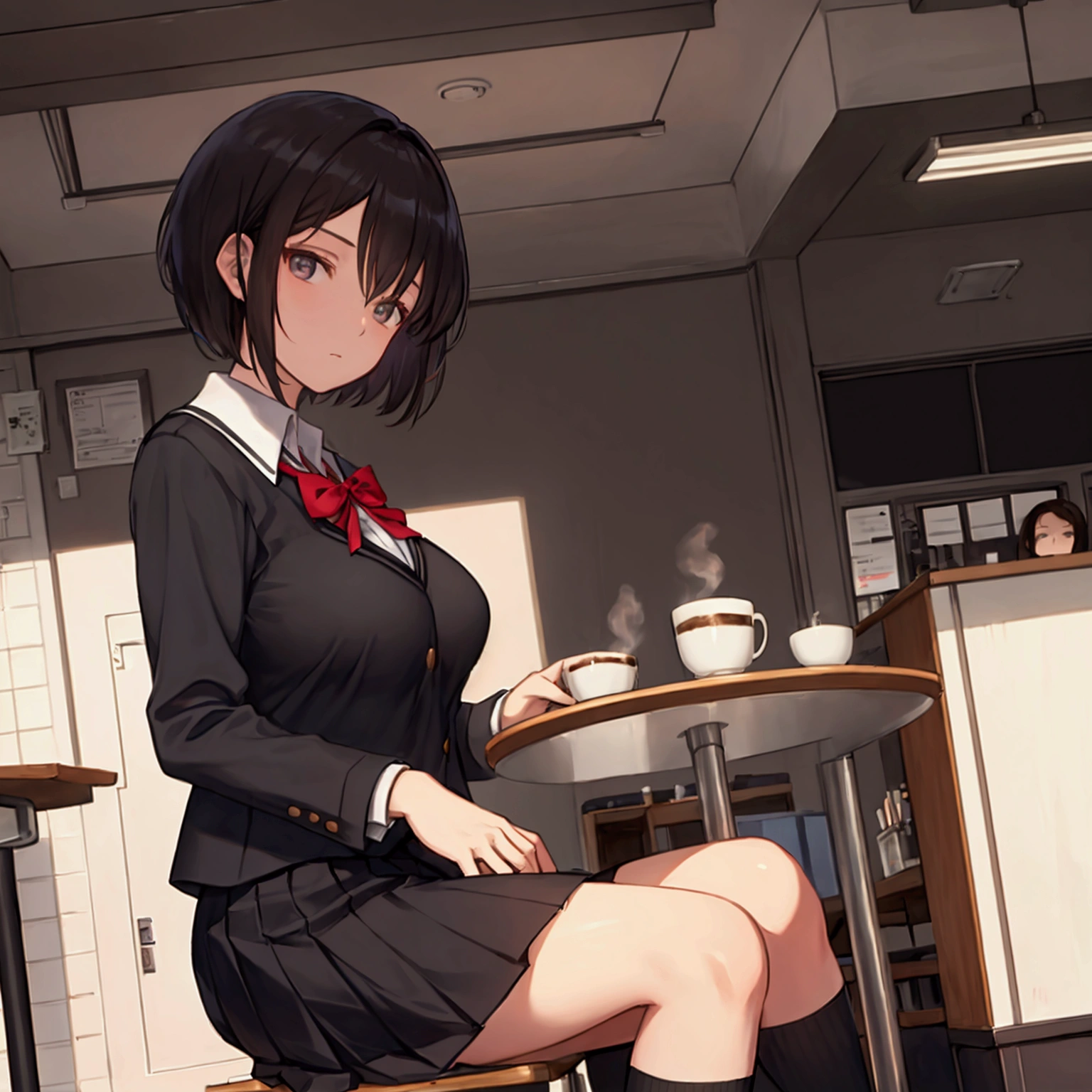 Coffee shop background, school uniform, 1woman, solo, dark hair, short hair, shining hair, medium-large breast, sitting behind table, facing viewer, arrogant, 