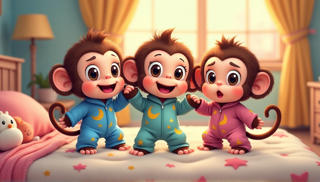 3 fluffy little monkeys, smile, Big eyes, Wear pajamas, Stand on the bed., Children's room, Snes drawing