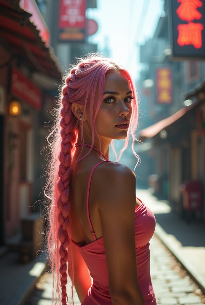 (Realisttic:1.2), Analog photography style, beautiful woman, Posing, long pink braided hair, (cyberpunk dark fantasy atmosphere), Soft natural light, cute and sexy, great quality, masterpiece, detailed strange background, Best Performance, 16k quality, raw photo, in a street, cyberpunk street, fish eye shot