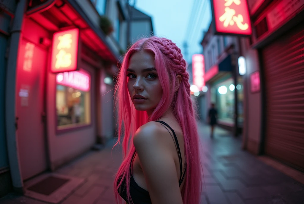 (Realisttic:1.2), Analog photography style, beautiful woman, Posing, long pink braided hair, (cyberpunk dark fantasy atmosphere), Soft natural light, cute and sexy, great quality, masterpiece, detailed strange background, Best Performance, 16k quality, raw photo, in a street, cyberpunk street, fish eye shot