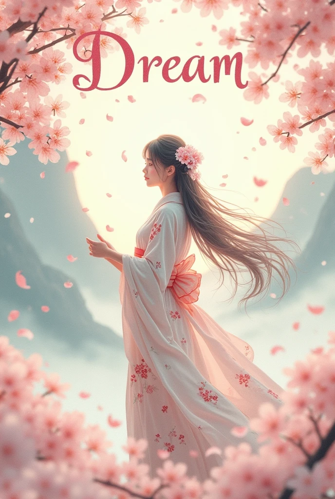 Make a character of a full-body white girl. Ancient Japanese drawing style With lettering with title dream