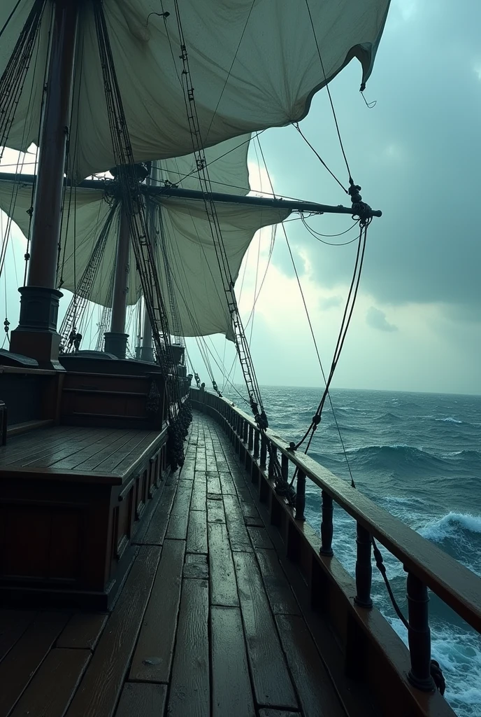 Empty deck of a pirate ship with tattered sails and ocean view in first person more sinister without person just the deck horizontal size sinister