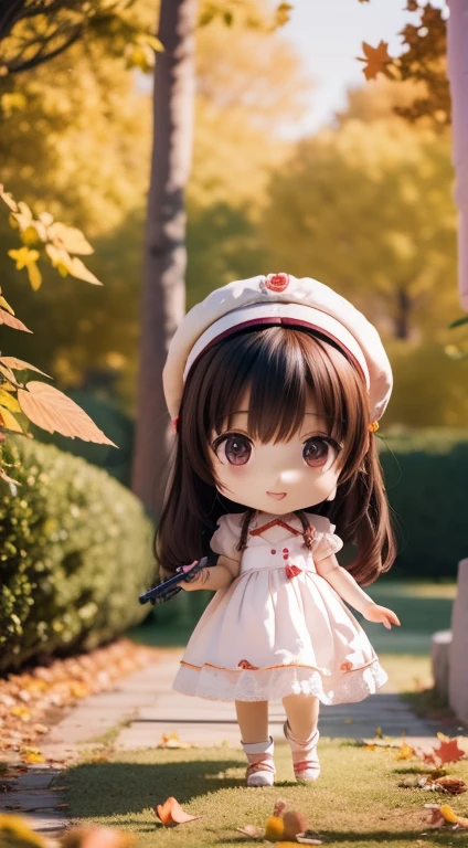 Cute baby chibi anime,(((chibi 3d))) (Best quality) (Master price)、Chibi model、white and purple dress、Tiger head hat、Autumn in the fairytale forest、Lots of realistic roses、In both hands、There is a gun