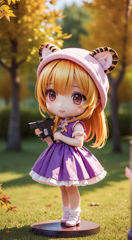 Cute baby chibi anime,(((chibi 3d))) (Best quality) (Master price)、Chibi model、white and purple dress、Tiger head hat、Autumn in the fairytale forest、Lots of realistic roses、In both hands、There is a gun