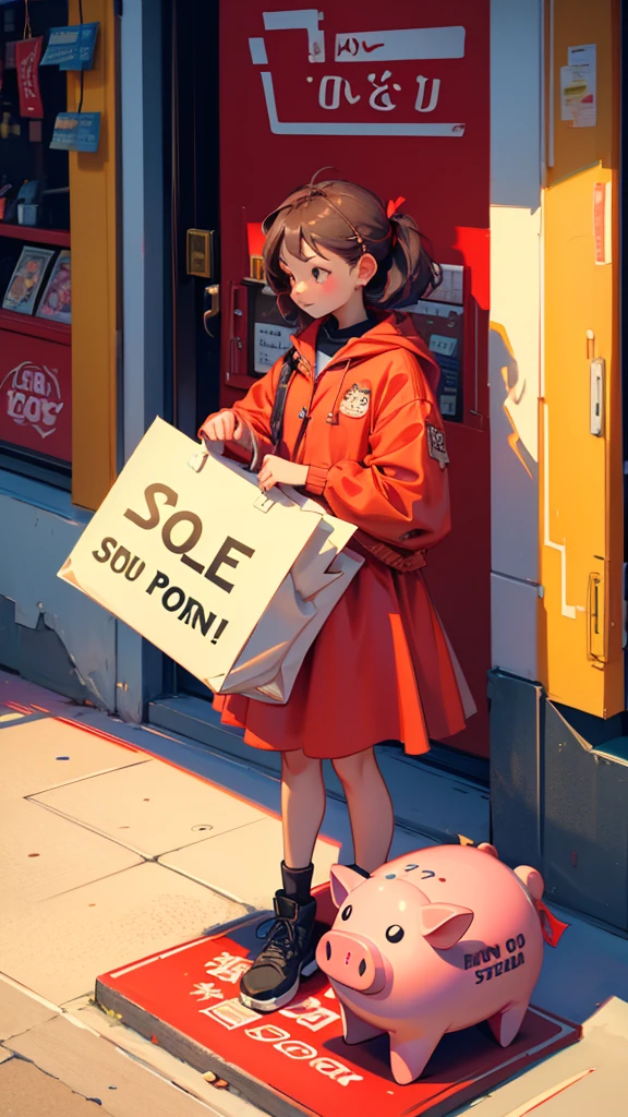 a girl holding up a sign that says "Wishing, buy high, sell low", with sad face, surrounded by piggy banks and money on the ground, in a cartoon style. red color border of image