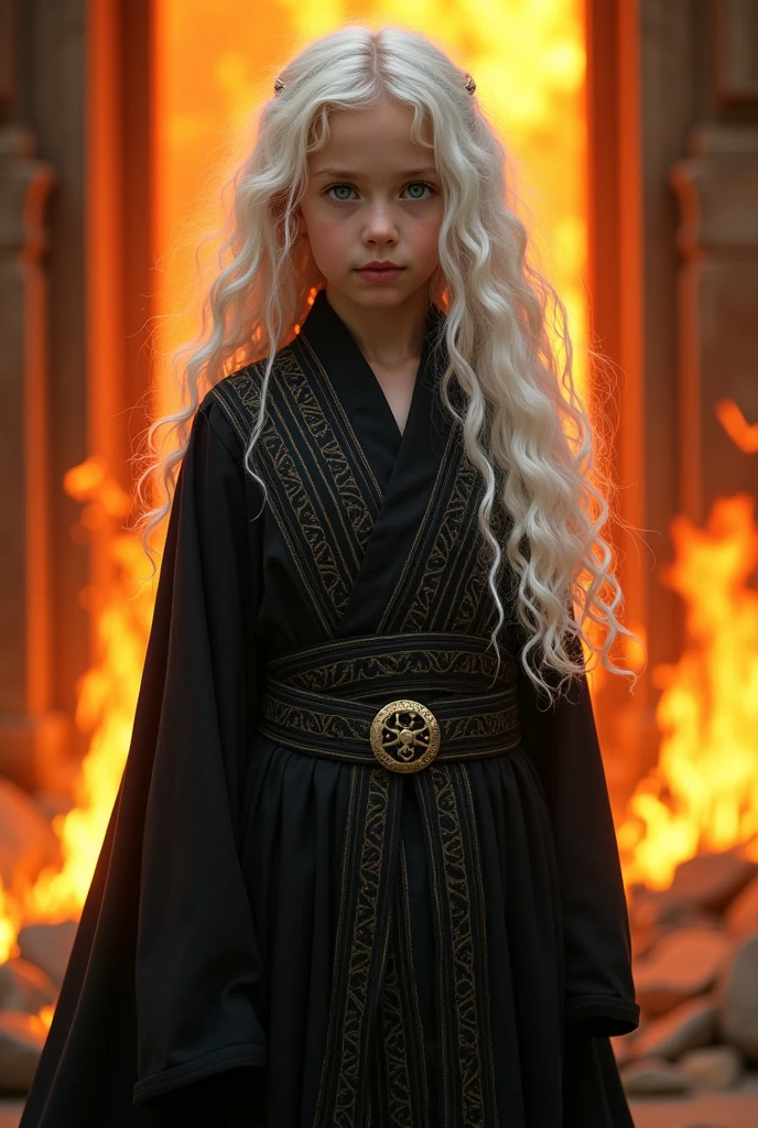 (photorealism:1.2), young girl, black Sith robs, standing Infront of a burning building , relaxed pose, realistic, intricate details, warm colors, by Greg Rutkowski, by Alphonse Mucha, long White curly hair, silver eyes