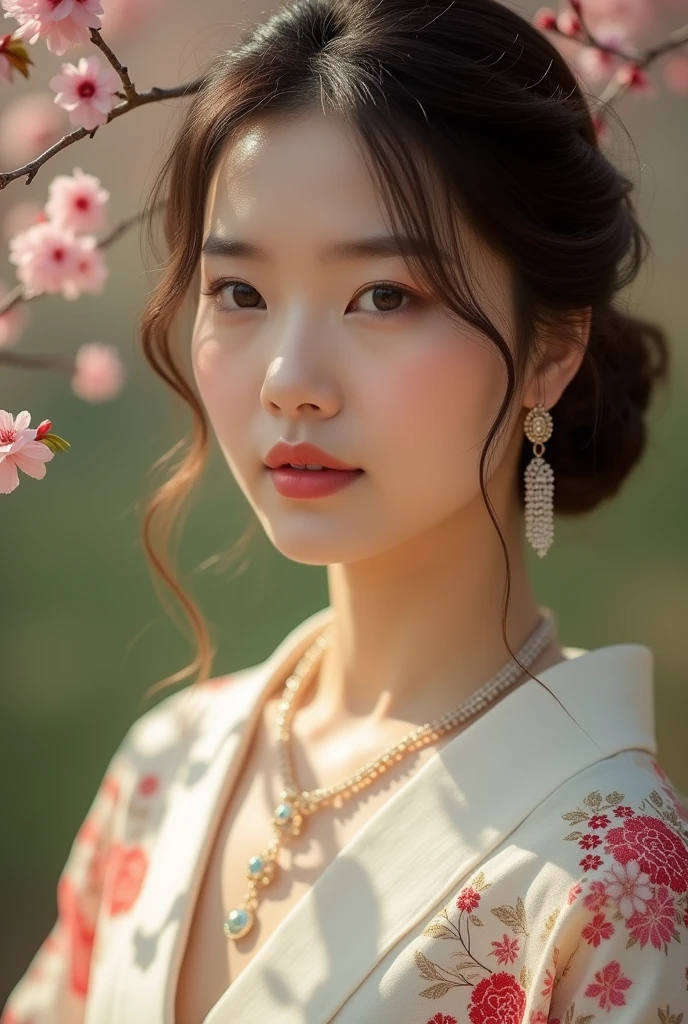 An elegantly dressed Japanese woman in natural light、A close-up of her chest and calm expression.、It shows her inner peace and outer charm.。