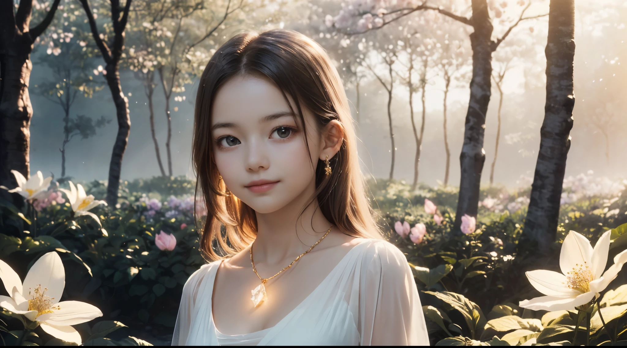 1girl, standing, full body, in the park, draped (see-through:1.2) white dress, opulent golden-trim, detailed face, (peaceful gaze, looking at viewer:1.4), (****, cute:1.8), (breasts:1.2), delicate crystal necklace, waterfalls, surrounded by lush, vibrant greenery, blooming flowers, and softly glowing light, gentle smile, alluring peaceful posture, warm sunlight filtering through trees, (soft, diffused lighting, high bloom, glowing light, soft highlights, radiant aura, overexposed edges, dreamy illumination, hazy glow, ethereal light:1.4), (subtle light flares), tranquil setting, vibrant colors, surreal, heavenly vibe, paradise-like environment, detailed textures, relaxing mood,