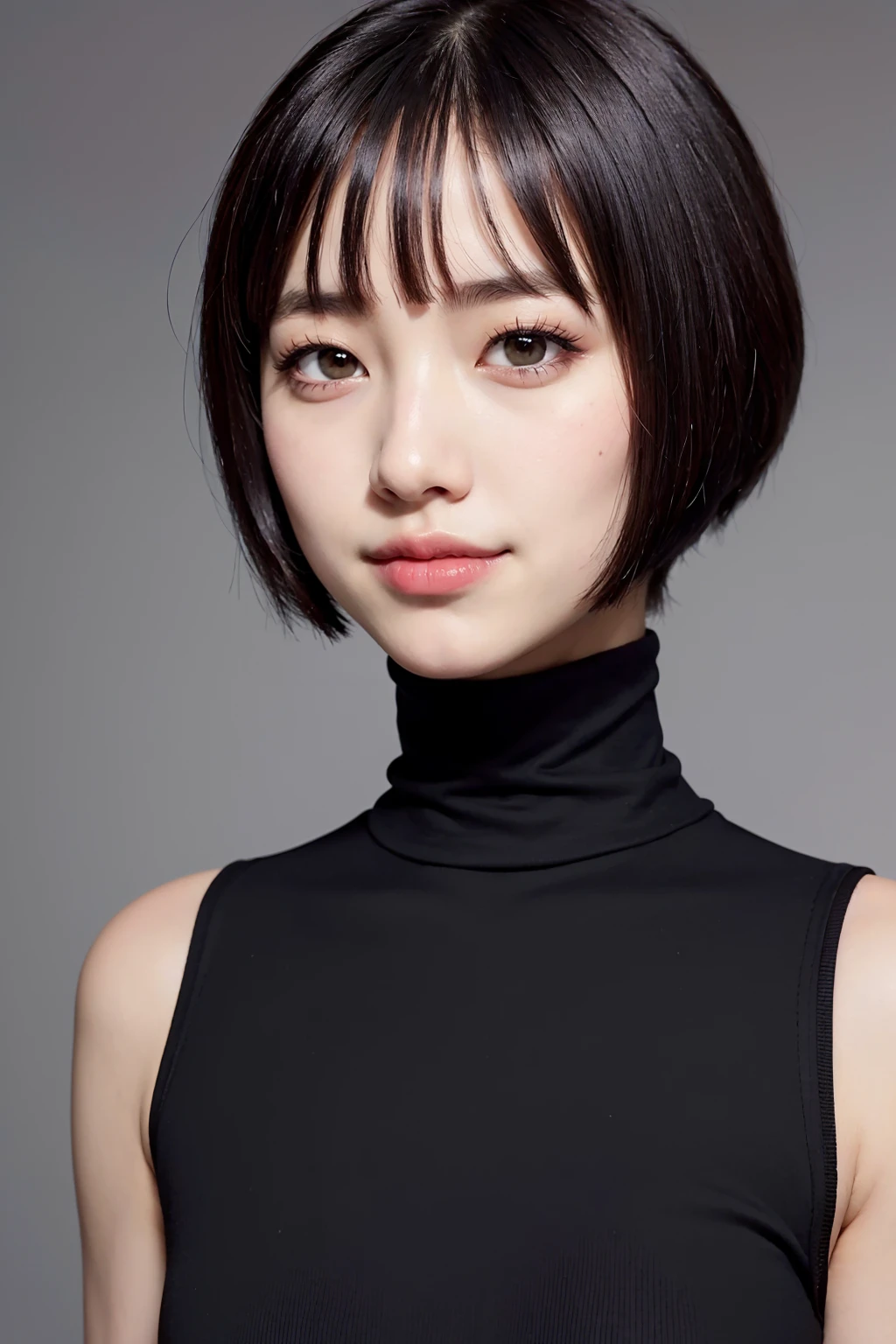 (masterpiece, Best image quality, high quality, High resolution, Realistic:1.2), (Bright lighting, Professional Lighting), One Woman, Realistic Skin, Fine skin, Beautiful Skin, expensive, Muscular body, (Black Hair, Bowl Cut, Eyelash extensions, Detailed eyes, Iris, Carefully drawn eyes, View your viewers, cute, Embarrassing:1.2), (Lean upper body:1.2), Mortar wall, (Black turtleneck sleeveless shirt:1.3), A kind smile, Small teeth visible, Upper Body Shot