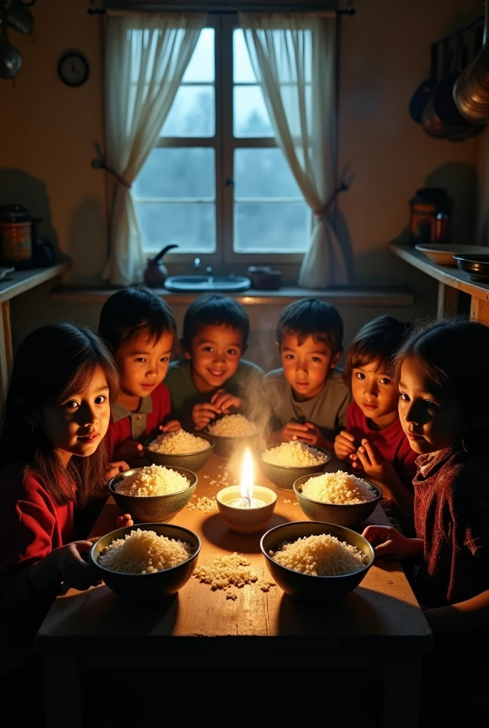 Poor children eating streaming rice
