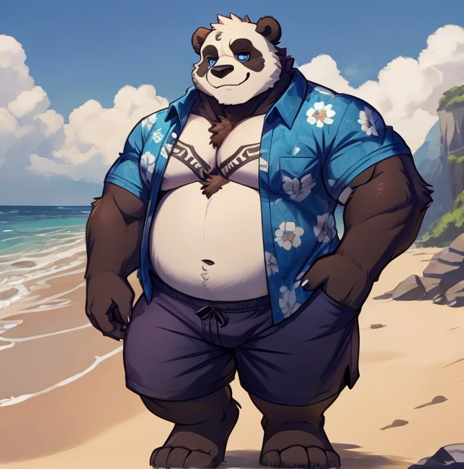 
panda , gordinflón, corpulent, thick legs and arms, blue eyes. chest tattoos, circles on chest. on the beach. smiles as he walks on the sand.. open blue flowered shirt. Hands in the shorts pockets