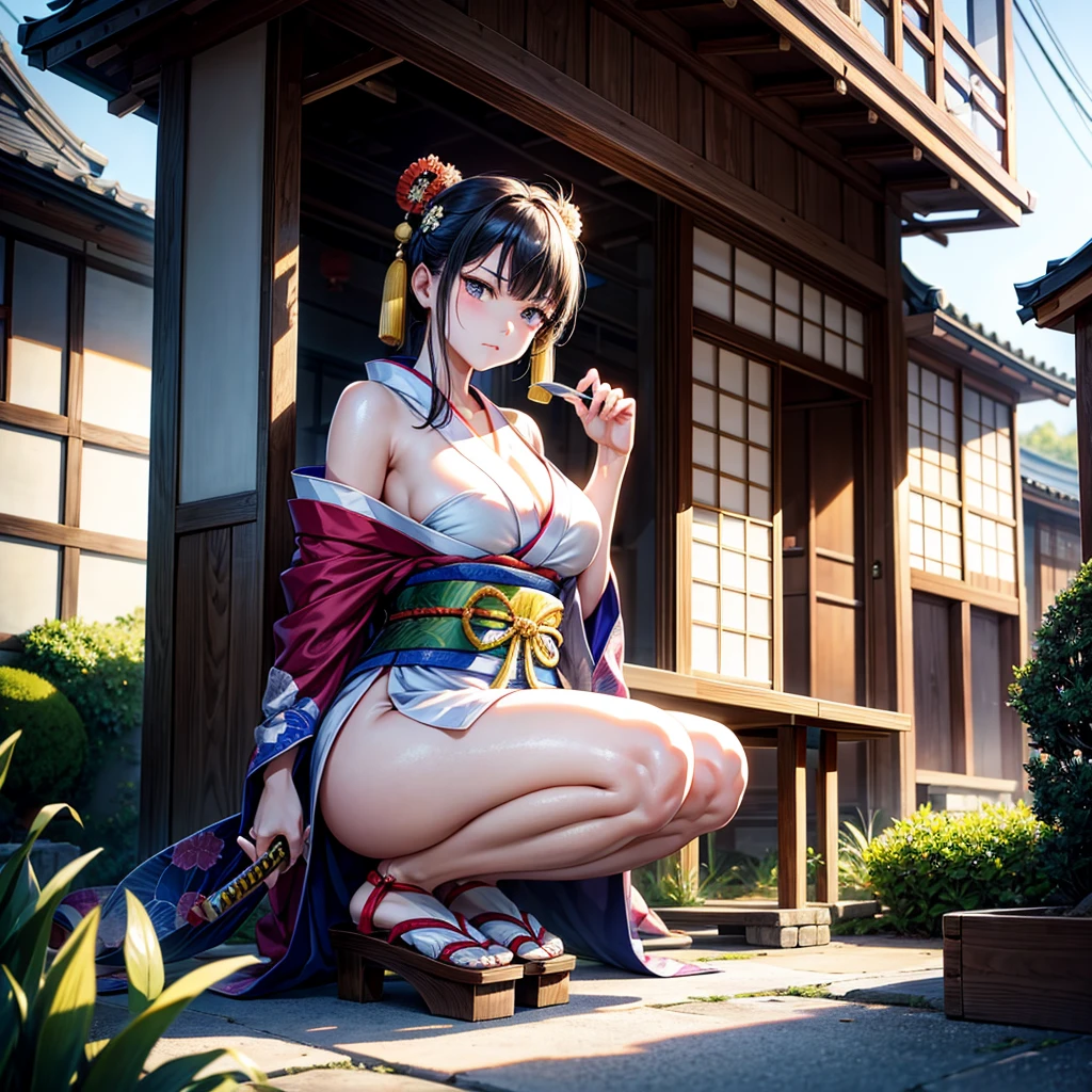 Japanese traditional architecture.  High quality realistic photos of Japanese ronis.  She wore an old kimono, obi, beaded bracelets and sandals.  Her naturally drooping big breasts exposed her cleavage, navel, legs and buttocks.

     She holds a katana in her right hand, with the blade facing up, resting on her right shoulder. In her left hand, she holds an old piece of paper with the words "NF4 version required!" written in calligraphy on it. From the viewer's perspective, she is squatting on the ground, standing alone. Kneeling on her knees, head raised, eyes looking down at the viewer, her face appears extremely frowning, angry and contemptuous,

     The background is the streets of an old Japanese town, outdoor, daytime, nature