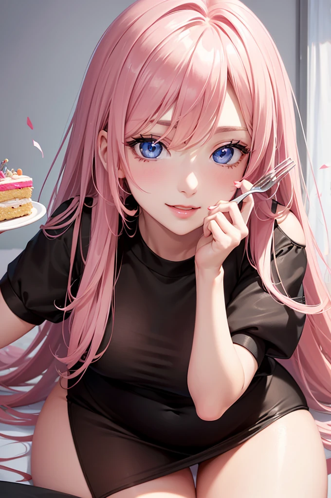 Best Quality,High resolution,8k,(plain white background, no patterns, no textures, just a plain white background:1.3),Masterpiece:1.2),beautiful girl,(Shiny pink hair),messy hair,Beautiful pink eyes,From the viewer's perspective, a seductive woman leans in close, (holding a fork with a piece of cake just inches from your lips:1.3), her eyes locked on yours with a playful yet intense gaze. She’s dressed in a sleek, form-fitting outfit that accentuates her curves, and the warm atmosphere of the room, filled with balloons and streamers, enhances the celebratory mood,Gentle look,A refreshing look,smile,Best quality,Best Quality,Aesthetic and aesthetic:1.2,Best details((Super detailed))(High-definition CG illustrations),Slender body,smile,blush,Mature look,cute,Scrounge,Looking up,Being spoiled,super model
