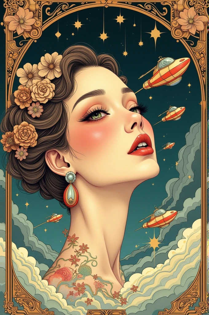 ((best quality)), ((masterpiece)), (detailed), ((perfect face)), surreal, art nouveau, in the illustrative style of moebius, spaceships, fantasy, sci-fi, graphic novel, line drawing, japanese, traditional, vintage, elegant, chic, sophisticated,