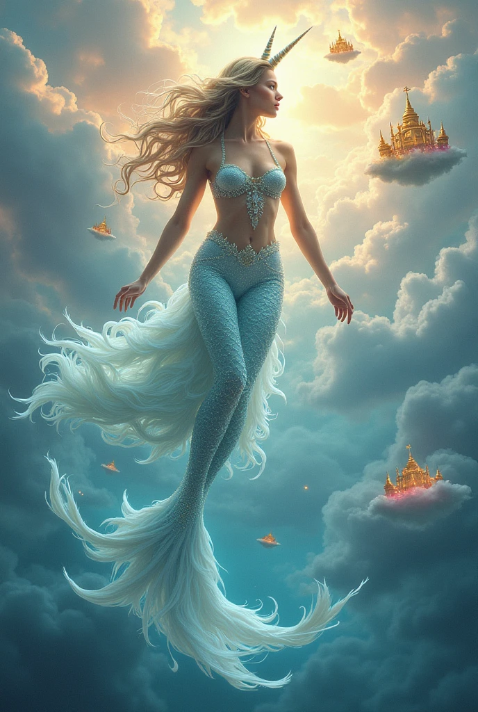 beautiful woman, Half unicorn, half mermaid with magical powers that lives in the kingdoms of heaven