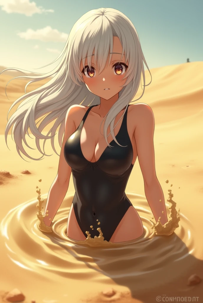 Draw a female anime character who is trapped in quicksand that looks the same as the image but is now sunken up to her chest, wearing a latex swimsuit and with white hair while it is slowly being devoured by the sand.