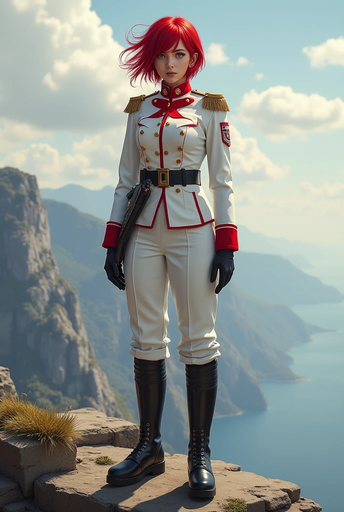(Maximum resolution, clearly_image) Excellent, masterpiece, High Detail, Semi-realistic, 《Humiliation 2》, a very beautiful woman, Solitary, Normal handsome posture, Red short hair, Golden Eyes, Indifferent expression, 18 years old, young, tall and big , white and red military uniform, Pants, Military Pants, Military boots, military uniform, Military Academy, confident, Serious, Cold and proud, Standing on the cliff, Overlooking