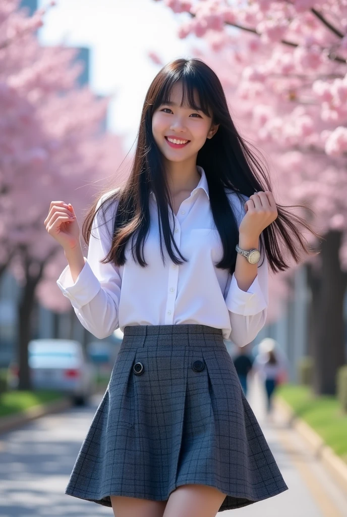 A photo-like picture of a smiling Japanese high school girl with straight black hair dancing。

The uniform is a white shirt。

The skirt is navy blue。Gray checkered pattern with black overall。

Skirt length is shorter than above the knee。
The length of the hair is very long。
The bangs are neatly trimmed and cover the eyebrows.。

Nogizaka46-ish. Seen from the right. Height 180cm.。 Model-like. Both of their faces are visible, so it&#39;s almost like a photograph.