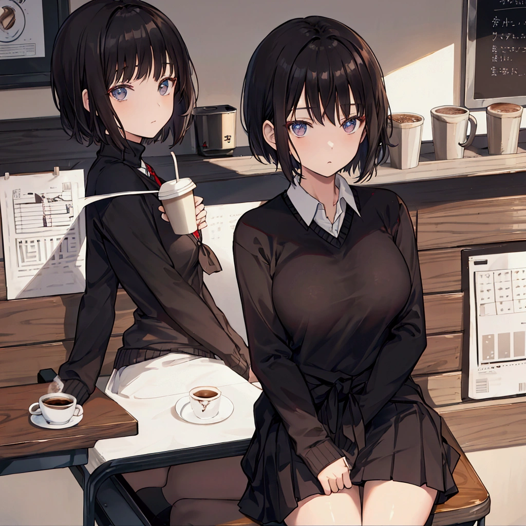 Coffee shop background, school uniform, dark sweater, tied sweater on hips, 1woman, solo, dark hair, short hair, shining hair, medium-large breast, sitting behind table, facing viewer, arrogant,