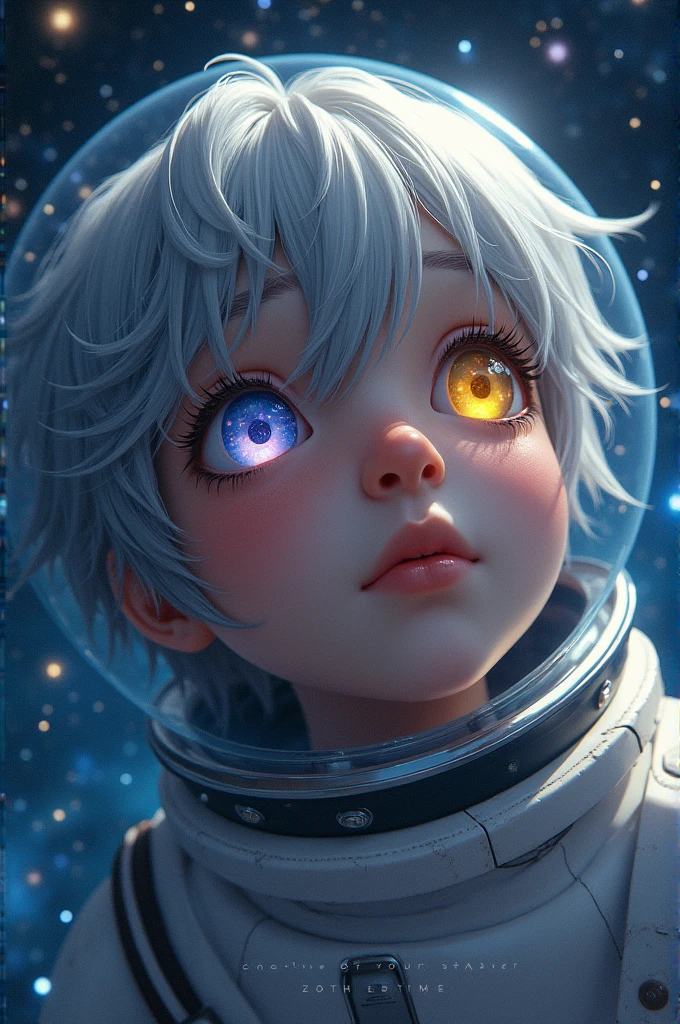 A closer look at a better masterpiece：1.5)0.9]、(Space and astronauts：1.2) (Disheveled silver hair：1.1) (Heterochromia and Yellow and Blue Eyes：1.2) (Space Helmet：1.0) (Colored stars in the eyes：1.0) (Shining Light：1.1) (Thick lips：0.9)