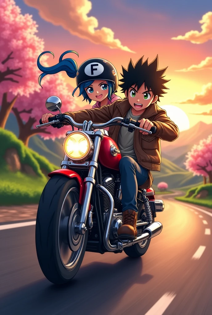 Anime couple on a motorcycle with the initials g for baron and f for woman
