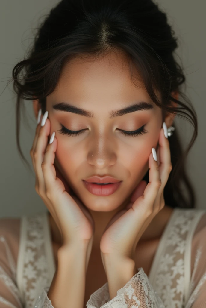 Ethereal portrait of a sophisticated Indian woman with flawless skin, closed eyes, hands gently cupping face, long manicured nails, soft focus, neutral background.