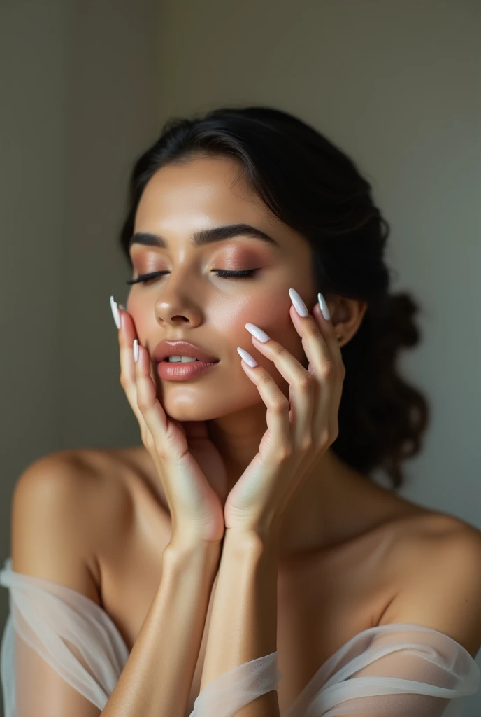 Ethereal portrait of a sophisticated Indian woman with flawless skin, closed eyes, hands gently cupping face, long manicured nails, soft focus, neutral background.