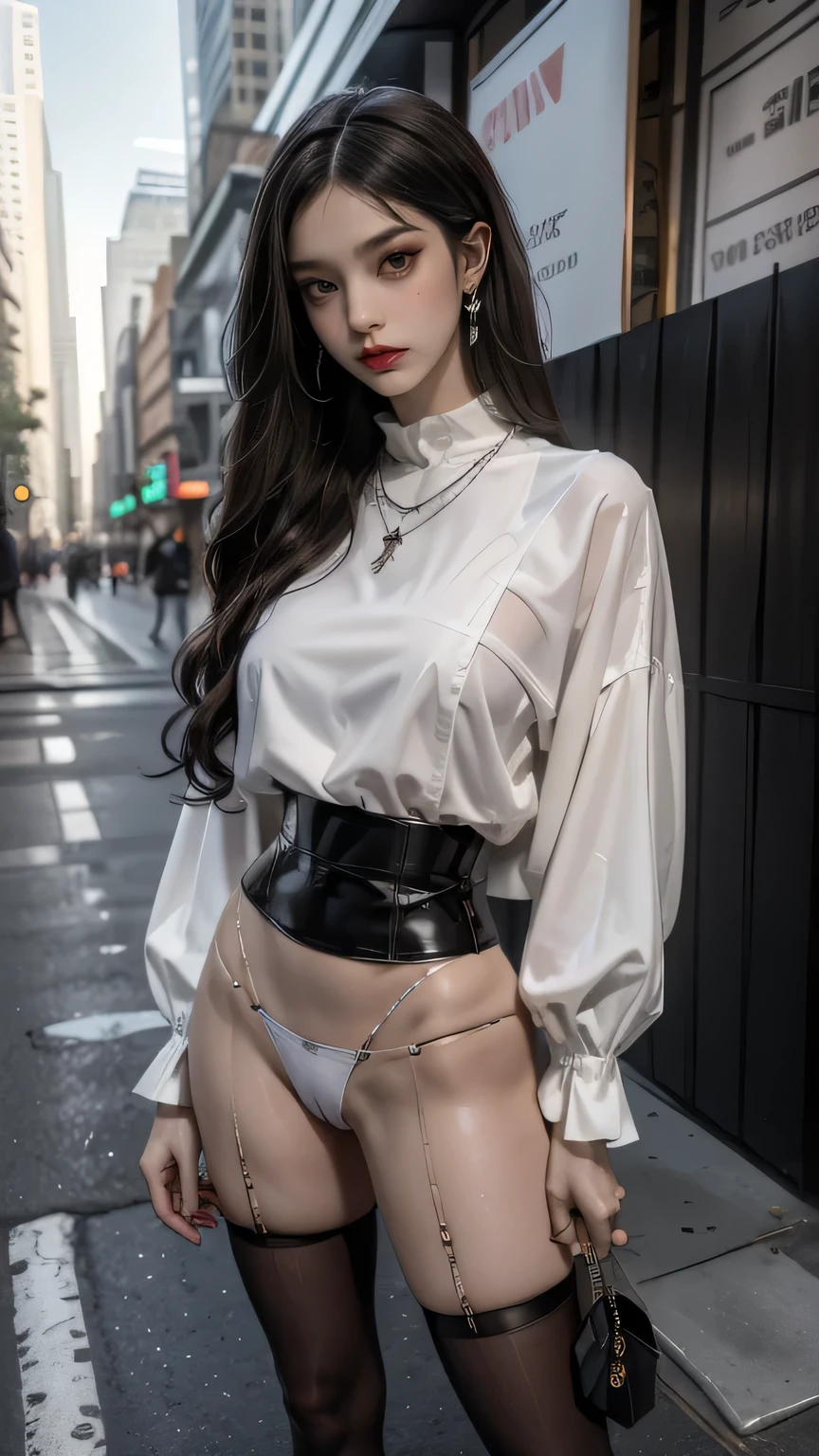 (Woman Standing On Street In New York),(masterpiece, Highest quality, Realistically, work, Very detailed, 8k), ((Wide-angle lens, Full body woman love)), 1 person,light makeup,exquisite features,smile,exquisite crystal jewelry,Heart Necklace,Crystal Headband,Light brown hair, Pompadour Hairstyle, curl,Correct finger structure,White blouse、Black tight mini skirt、Leather shoes,Long legs,Frontal standing posture ,Full body portrait,skyscrapers are hazy、sports car、