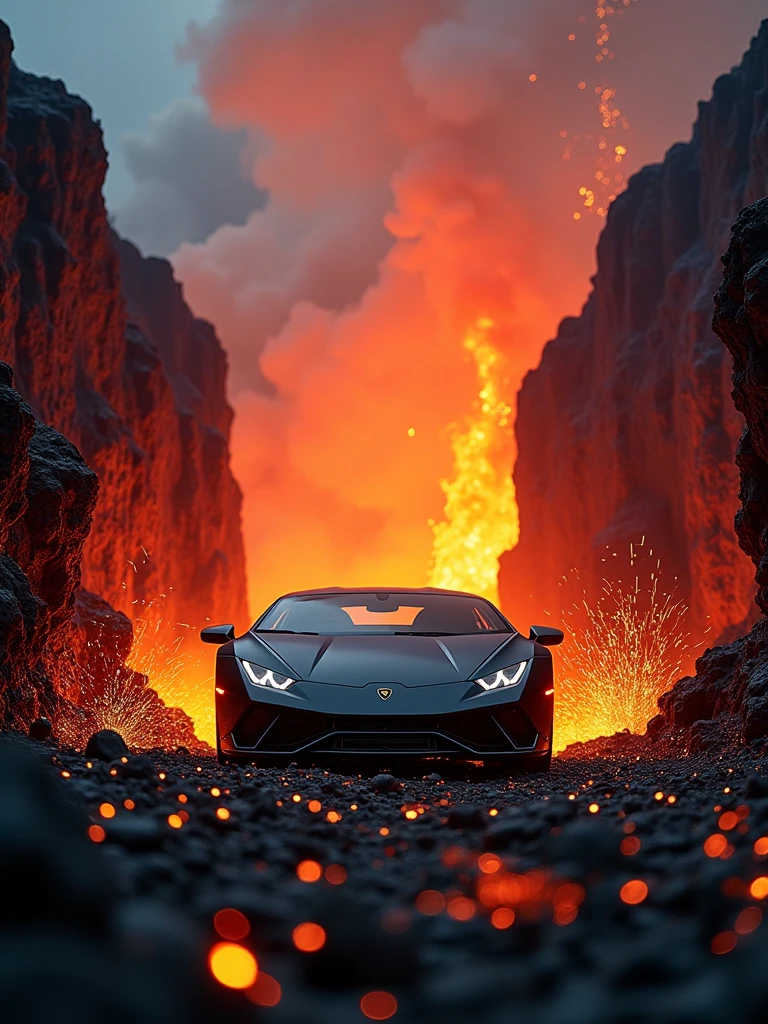 A jaw-dropping, cinematic photo of a metallic black Lamborghini huracan performante speeding at high-speed down the mouth of an active volcano. The car's sleek design contrasts with the fiery, smoky surroundings. The atmosphere is intense and dangerous, with magma flowing and sparks flying. The background reveals the immense scale of the volcano, and a sense of adrenaline and excitement fills the scene., photo, cinematic