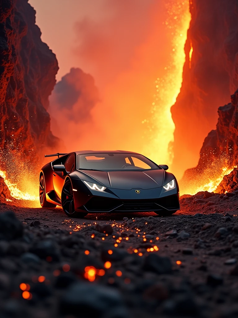 A jaw-dropping, cinematic photo of a metallic black Lamborghini huracan performante speeding at high-speed down the mouth of an active volcano. The car's sleek design contrasts with the fiery, smoky surroundings. The atmosphere is intense and dangerous, with magma flowing and sparks flying. The background reveals the immense scale of the volcano, and a sense of adrenaline and excitement fills the scene., photo, cinematic