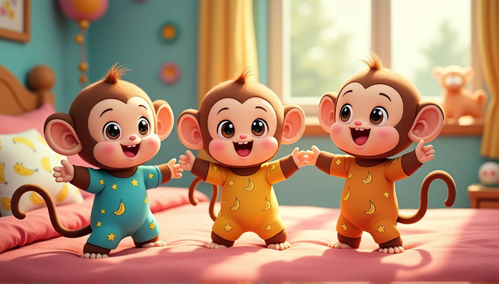 3 fluffy little monkeys, smile, Big eyes, Wear pajamas, Stand on the bed., Children&#39;s room, Snes drawing