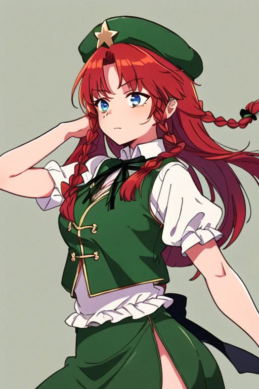 hong meiling, 1girl, solo, long haor, red hair, braids, blue eyes, muscular body, white shirt, puffy sleeves, short sleeves, green vest, black ribbon, green skirt, gold trim, green beret, green hat, gold star, (cowboy shot), simple dark background