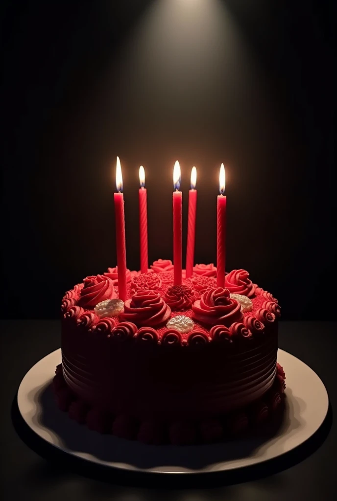 A realistic picture of birthday cake ( with beautiful and elegant decorations in red colors),on top of it long straight candles for my Instagram story, the background black wall, the lights are of and there is a flashlight,