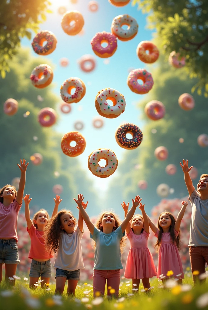 Draw a lot of different donuts, very sweet, very realistic, falling to the ground like rain, and from below people are happy, such rain