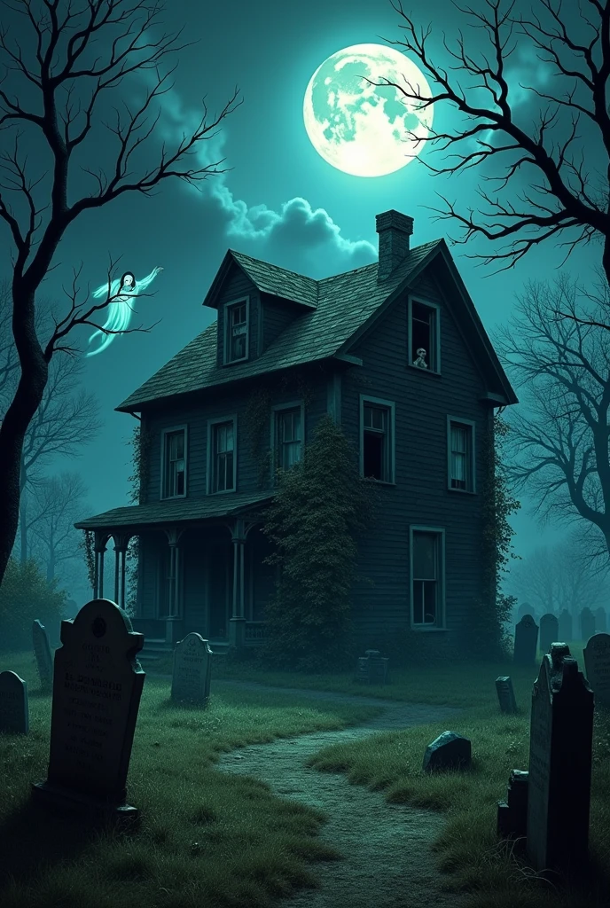 Halloween background with ghost, house, spooky, skelet, grave and moon. High detailed realistic illustration