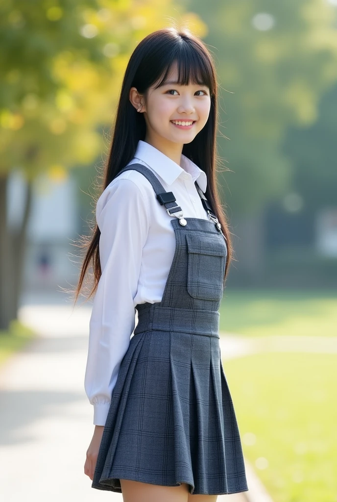 A smiling Japanese high school girl with straight black hair and big breasts. A picture that looks like a photograph.。
The uniform is a white shirt。
The skirt is navy blue。Gray checkered pattern with black overall。
Skirt length is shorter than above the knee。
The length of the hair is very long。
The bangs are neatly trimmed and cover the eyebrows.。
Nogizaka46-ish. Seen from the right. Height 180cm.。 Model-like. Both of their faces are visible, so it's almost like a photograph.