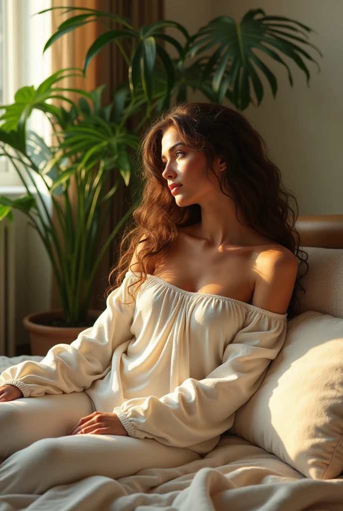 (photorealism:1.2), beautiful woman, sitting on bed, wearing loose off-shoulder top, pajama pants, long curly hair, indoors, soft lighting, plants in background, window with sunlight, cozy room, relaxed pose, realistic, intricate details, warm colors, by Greg Rutkowski, by Alphonse Mucha