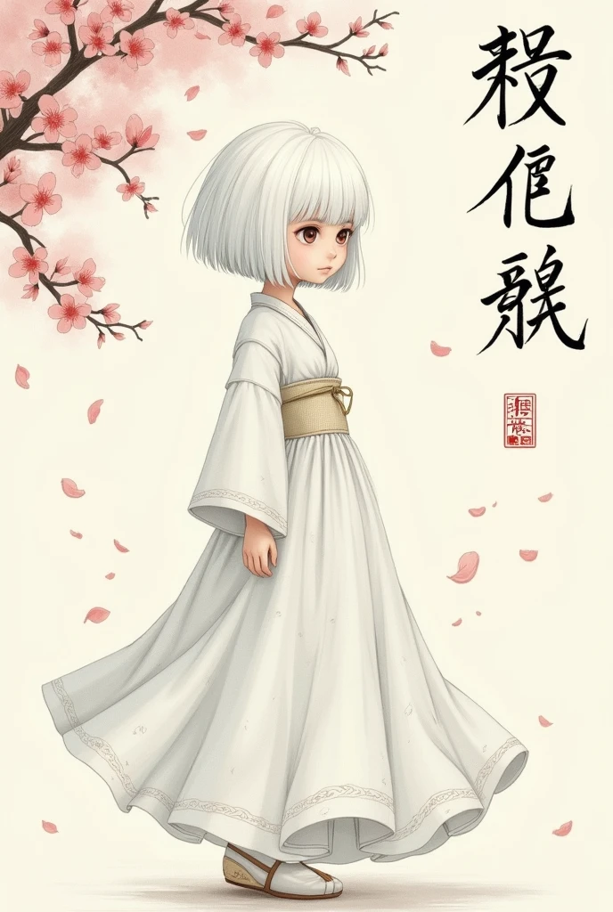 Make a character of a full-body white girl. With short white hair and white skin with cracks Simple ancient Japanese drawing style codex With letters with title dream