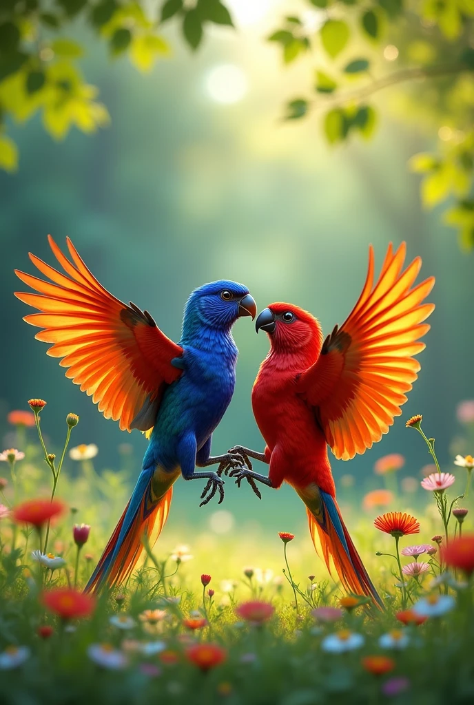 Two birds are dancing with each other