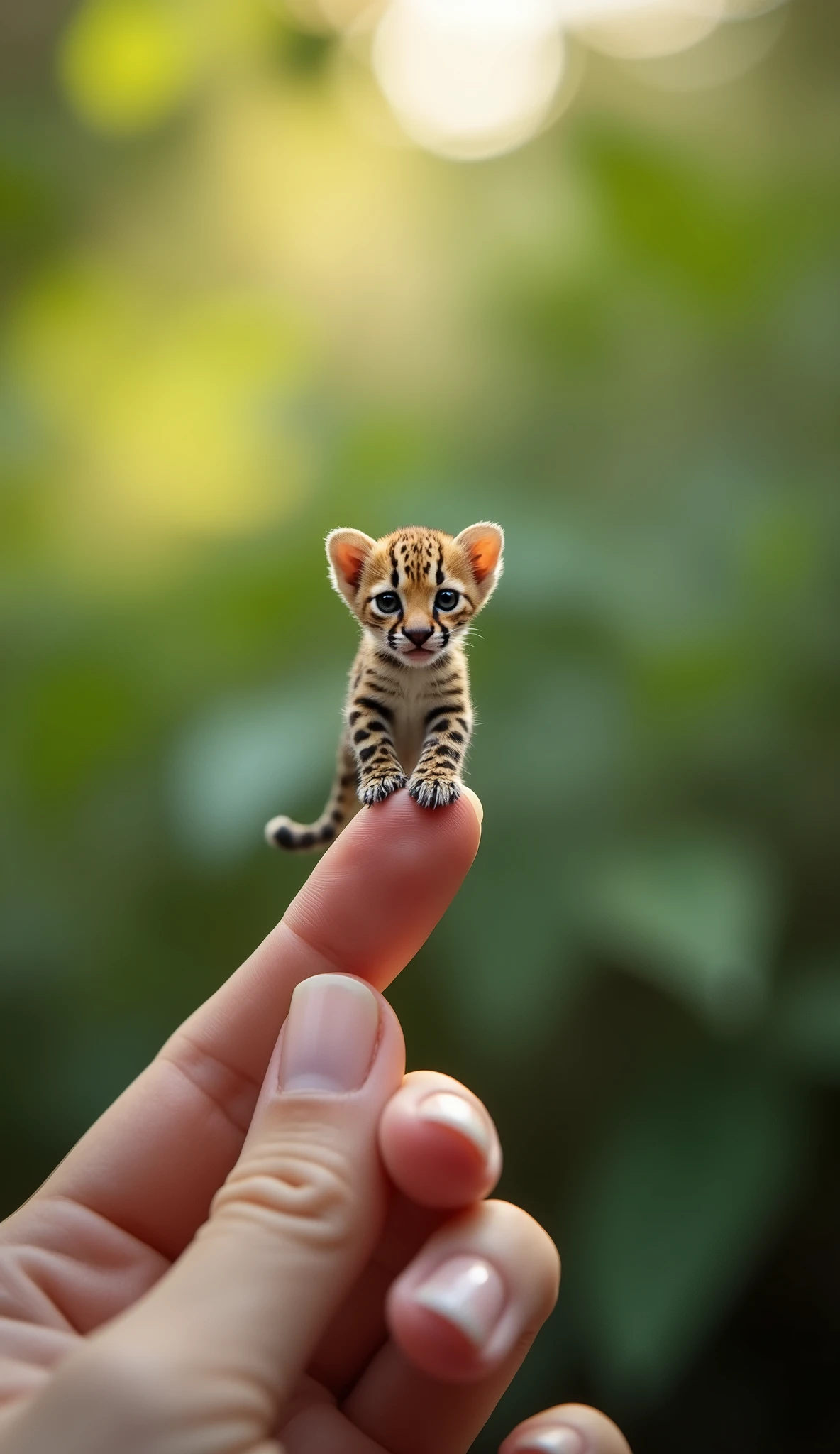 Photorealistic, 32k, Micro Tiny baby [leopardo bravo] perched on a perfect human finger