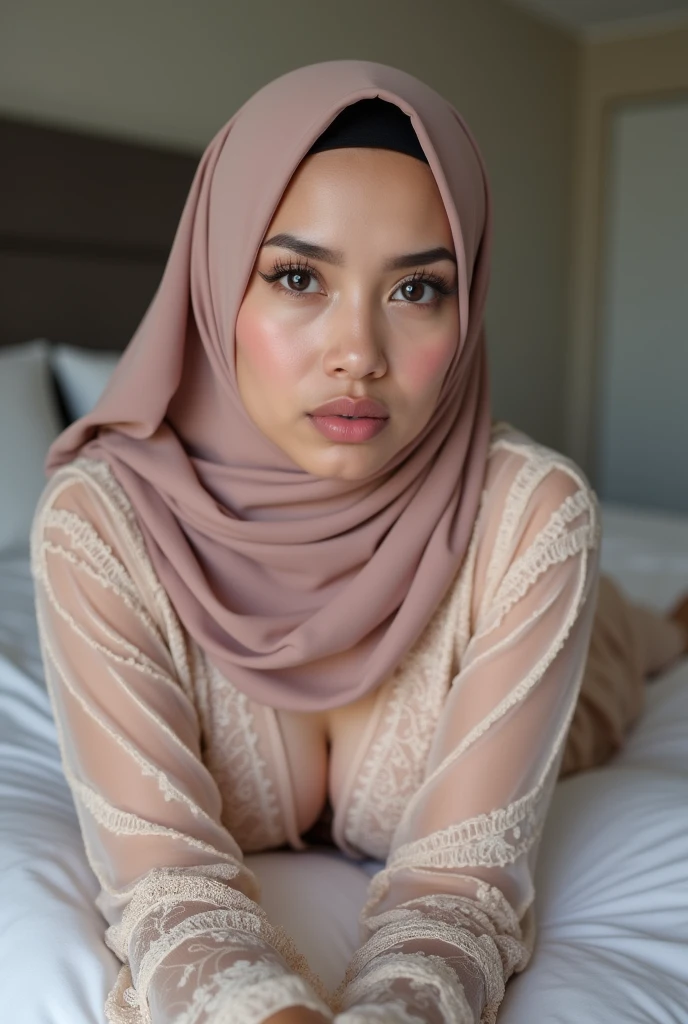 Hijab girl, 17 year old girl, beautiful girl, girl wearing kebaya, lacy kebaya, transparent kebaya, , shy expression, open mouth, medium breasts, pink nipples, lying on the bed, squeezing breasts, legs spread apart, pussy visible, using fingers,