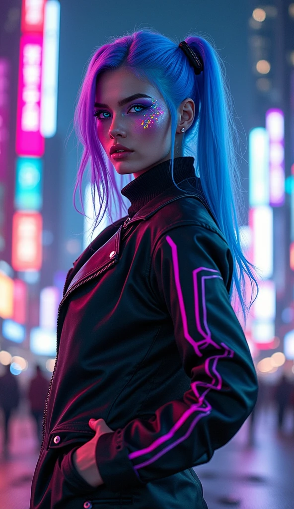 The image depicts a stylized character with a futuristic, cyberpunk aesthetic. The character has bright blue hair with purple highlights, and their eyes are enhanced with blue and pink makeup, giving them a cybernetic appearance. They wear a black jacket with pink and blue accents, and there are various patches and patterns on the sleeves, including what appears to be a circuit-like pattern. The background suggests a neon-lit urban environment, which is typical of the cyberpunk genre. The overall look is bold and fashionable, with a strong emphasis on technology and modern, high-tech fashion, full body image, she stands on futuristic hover board