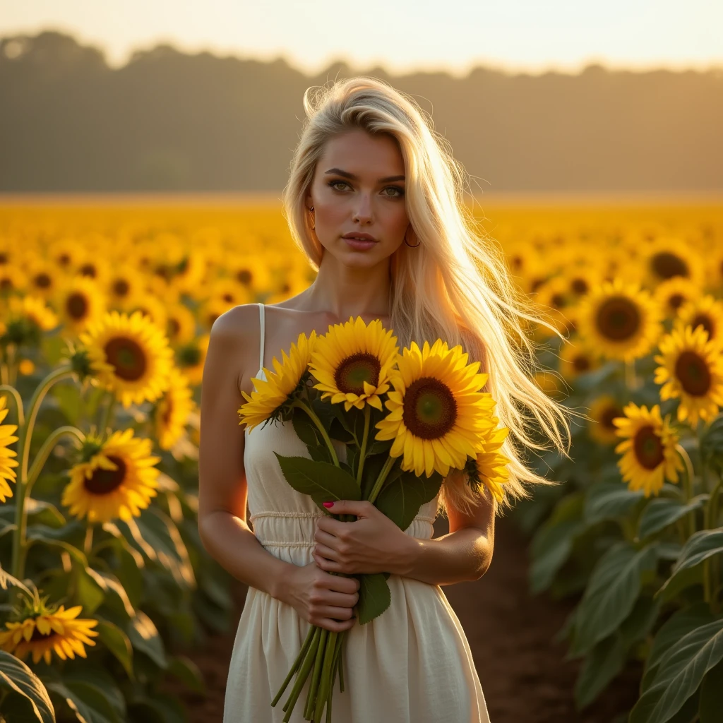 This image showcases a woman with platinum blond hair standing boldly amidst a vibrant field of sunflowers. Her gaze is direct and confident, holding a bunch of sunflowers to her chest. Her attire is minimal, blending with the natural theme, and her presence contrasts yet complements the golden hues of the flowers around her. The scene is bathed in the soft glow of sunset, enriching the color palette with warm tones that highlight the endless expanse of blooms stretching into the horizon. This setting can inspire themes of nature, femininity, freedom, and the beauty of simplicity.