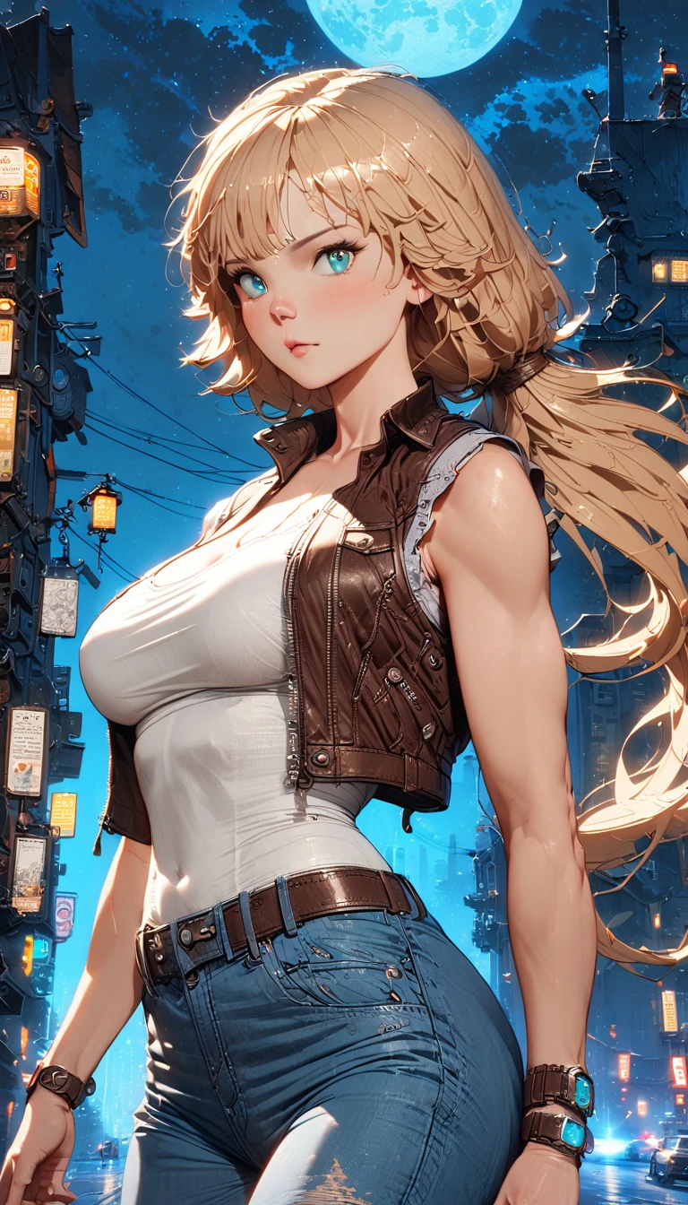 best quality,4k,8k,highres,masterpiece:1.2),ultra-detailed, extremely detailed eyes, extremely detailed body, (large masterpiece digital art), (detailed manga illustration), (detailed line art), ((perfect anatomy)), (intricate details:1.3), (ultra-detailed:1.3), (illustration:1.3), (sharp focus:1.3), (natural lighting:1.05), (vivid colors:1.3), (masterpiece), (best quality:1.4), (perfect anatomy:1.4), high quality, expressive eyes, full body, detailed face, beautiful face, perfect face, 1 girl, muscular, tall girl, large breasts, long hair, light brown hair, straight hair, low ponytail, detailed hair, ((casual clothes)), grey t-shirt, (vest), open vest, (blue pants), denim pants, pale skin, aquamarine eyes, splash art, curvy, black combat boots, cinematic lighting, dramatic atmosphere, Atey Ghailan, Jeremy Mann, Greg Manchess, Antonio Moro, trend in ArtStation, trend in CGSociety, Intricate, High Detail, Sharp focus, dramatic and photorealistic painting art by Midjourney and Greg Rutkowski, Jeff Bridges, ((cartoon style)), Marvel Cinematic Universe style, (((Night sky in the background))),