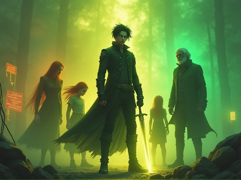 (photorealism:1.2), Background: green yellowish distopian world with a young man tall sharp green eyes with raven hair  standing at themiddle with a sword thats emanating a goldish hue of sort with a man vailed in mysteries and a gril with long red hair and  an old man with grey hairs at the cencter there is a writting saying veil of illusions The Awakening blending into the background aswell as another name called mysticCrafter slowly making the world feel like its an elusion as well as seven radiant colurs each representing a deadly sin and oppsite it seven light filled counter against them