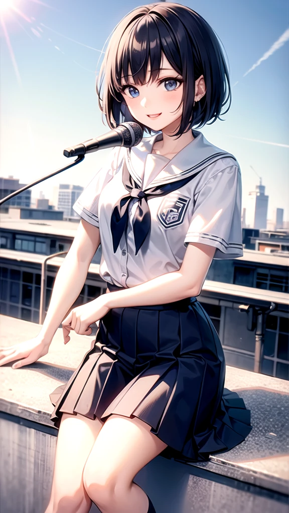 highest quality, ultramarine short bob high school girl, blue eyes,smile, School uniforms, School rooftop, A live singing stage held on the school rooftop,Live stage singing
