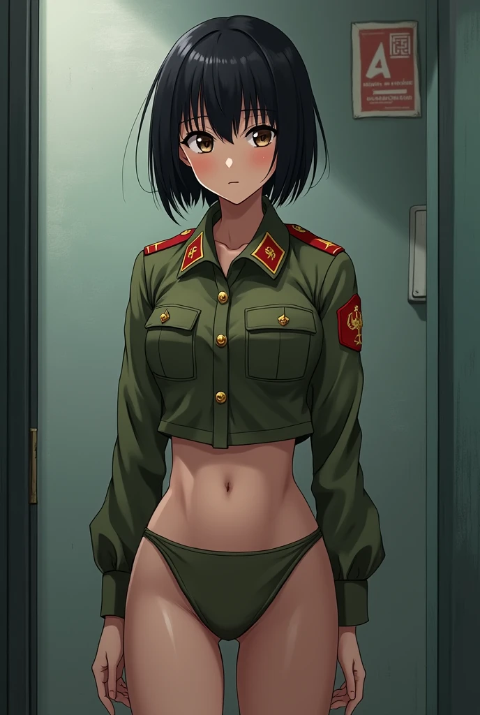 Anime, Short black hair with bangs, Narrow waist, Wearing Soviet military uniform,((bottomless)),wet pussy,((pussy:1.5)),Shaved pussy,Moscow alley,NSFW,Pussy