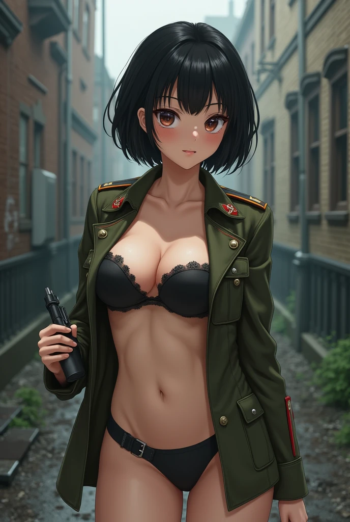 Anime, Short black hair with bangs,  Narrow waist, Wearing Soviet military uniform,((bottomless)),wet pussy,((pussy:1.5)),Shaved pussy,Moscow alley,NSFW,Pussy